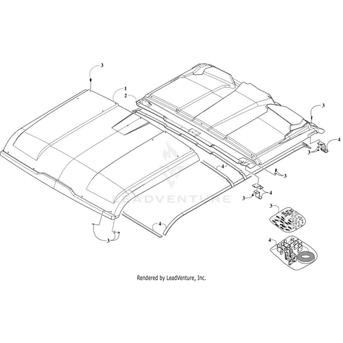 Line drawing of Hard Top-Crew vehicle roof panels labeled with parts and hardware from the Arctic Cat Hardware Kit Hard Top-Crew, including inset images of screws and fasteners used for assembly.