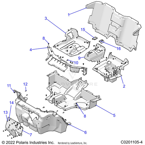 An Image of a Genuine Polaris Parts Schematic Diagram showing the schematic - BODY: FLOOR - 2021 POLARIS RZR 200