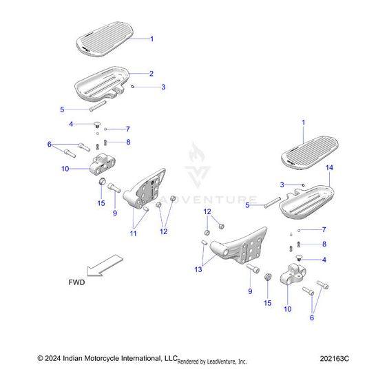 Diagram showing labeled parts and assembly instructions for motorcycle footrests, including the Mount Floorboard Pass LH Black (Incl. Dowel Pin) by Polaris, with each part numbered and identified for left and right sides.
