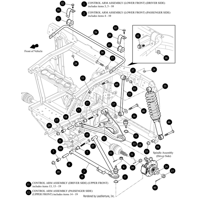 A detailed black-and-white labeled diagram of a vehicle’s front suspension system highlights frame, control arms, spindle assembly, coil spring, and key OEM parts like the Flat Washer M6 Per Din 125A by Arctic Cat with numbered callouts and part descriptions.