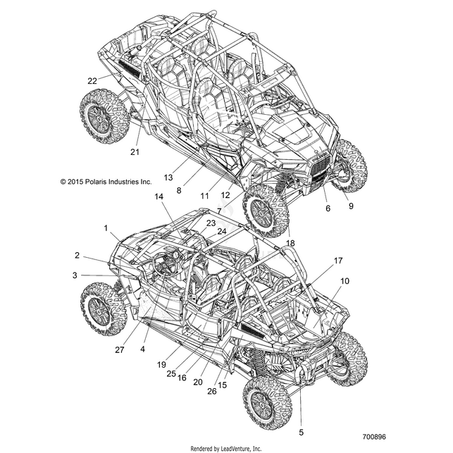 An Image of a Genuine Polaris Parts Schematic Diagram showing the schematic - BODY: DECALS - 2016 POLARIS RZR XP 4 1000