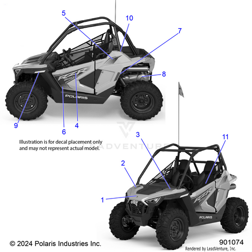 An Image of a Genuine Polaris Parts Schematic Diagram showing the schematic - BODY: DECALS - 2026 POLARIS RZR 200 EVAP