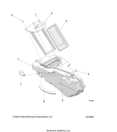 Exploded diagram of the Polaris Airbox | Incl. 2 4 assembly shows labeled components, including OEM Parts numbered 1–7, such as seat base, latch, cover, and hardware with arrows illustrating assembly order.