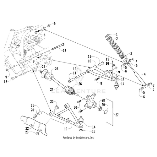 Exploded diagram of a car’s front suspension highlights key parts like coil spring, control arms, and more—perfect for anyone seeking the Boot Guard-Right Red by Arctic Cat or related UTV/ATV accessories.