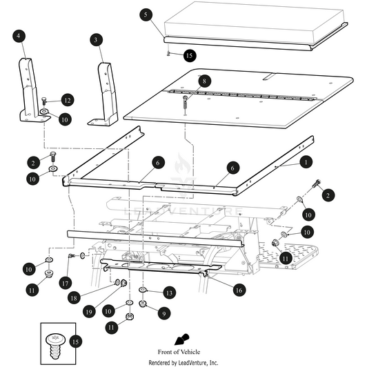 Exploded diagram of a vehicle rooftop platform assembly, showing a mattress, frame parts, screws, and labeled components. Highlights OEM parts like the Seat Back Bracket Right by Arctic Cat with directional arrows and numbered labels.