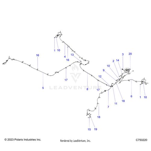 An Image of a Genuine Polaris Parts Schematic Diagram showing the schematic - BRAKES: BRAKE LINES AND MASTER CYLINDER - 2025 POLARIS RZR PRO R RACE REPLICA LE EVAP