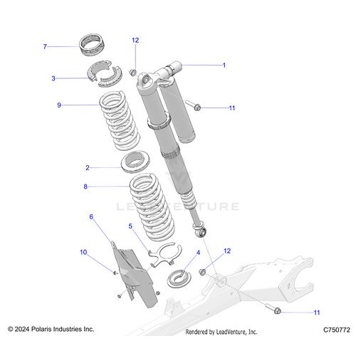 An Image of a Genuine Polaris Parts Schematic Diagram showing the schematic - SUSPENSION: REAR SHOCK AND MOUNTING - 2025 POLARIS RZR PRO XP PREMIUM