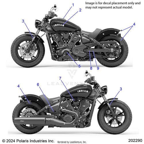 Two black Indian motorcycles shown from the left side have blue arrows highlighting decal spots on fenders, tank, side panel, and near the seat—perfect for adding a Badge Tank 999 Block Brtalum [Aluminum, Indian Block Letters Only] by Polaris.
