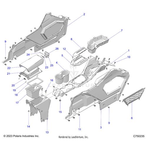 An Image of a Genuine Polaris Parts Schematic Diagram showing the schematic - BODY: CENTER CONSOLE - 2025 POLARIS RZR PRO S SPORT