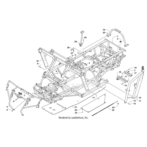 Line drawing of a vehicle chassis highlighting numbered parts and assembly lines for frame, doors, floor panels, mounting brackets, and the OEM Arctic Cat Rops Support.