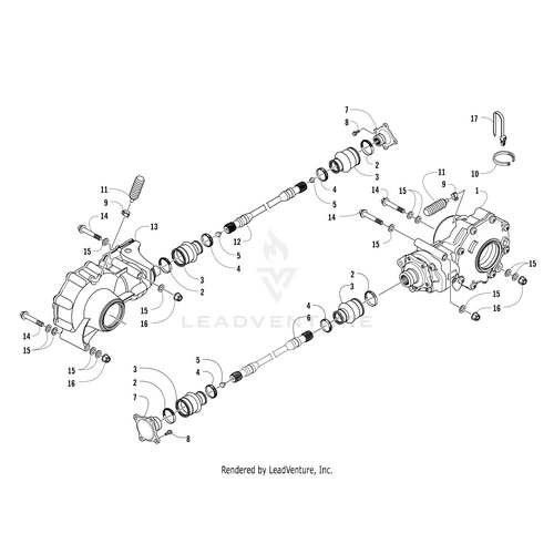 Exploded diagram of the Arctic Cat Gear Case Front showing labeled gears, shafts, housing, and fasteners. Each internal component is numbered for easy assembly reference.