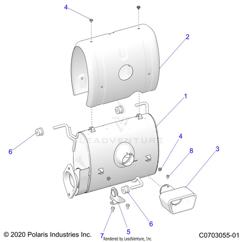 An Image of a Genuine Polaris Parts Schematic Diagram showing the schematic - ENGINE: EXHAUST SYSTEM SILENCER AND RELATED - 2023 POLARIS RZR PRO R ULTIMATE TROY LEE DESIGNS