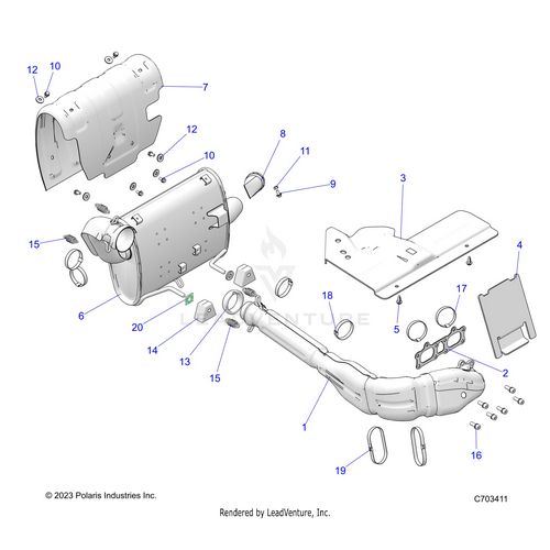 An Image of a Genuine Polaris Parts Schematic Diagram showing the schematic - ENGINE: EXHAUST SYSTEM - 2025 POLARIS RZR 900 TRAIL S