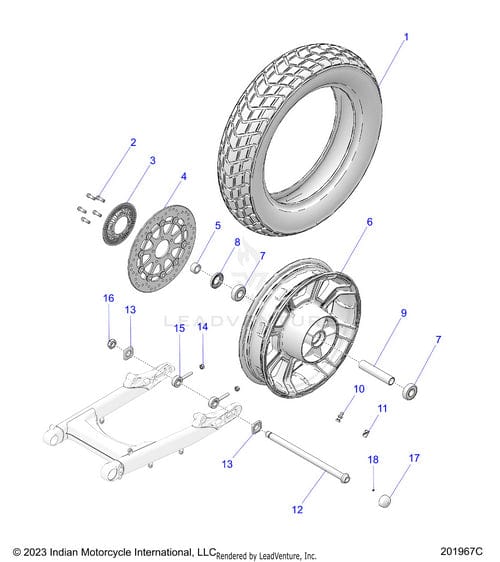 Exploded diagram of a motorcycle rear wheel assembly, featuring the Tire Rear K673 150/80 16 Vt | [China Only] by Polaris, rim, disc brake, axle, swingarm, and labeled OEM parts with blue numbers for easy identification.
