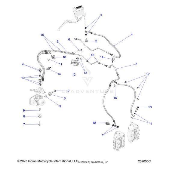 Technical line drawing of an Indian Motorcycle OEM brake system, with numbered hoses, connectors, bolts, and calipers. Includes the Hose Brake Fmc Jt Med by Polaris. Diagram provided by Indian Motorcycle International, LLC.