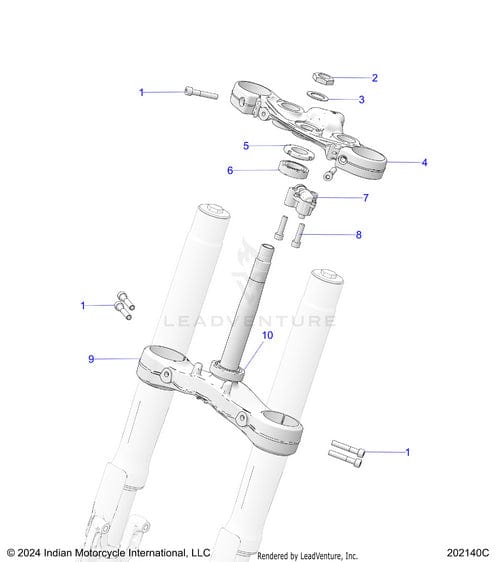 Exploded diagram of a motorcycle front fork assembly, featuring labeled parts like fork tubes, bolts, bearings, and the genuine OEM Clamp Triple Upper 25 Deg Black by Polaris with part number indicated for each component.