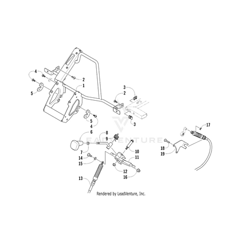 Exploded view diagram of mechanical parts, including a metal frame, levers, springs such as the Shift Spring by Arctic Cat, bolts, and cables. Each OEM Arctic Cat part is spaced out and labeled with a number to indicate assembly order.