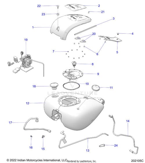Exploded diagram of an Indian Motorcycle fuel tank assembly featuring numbered OEM parts, such as the Console Outer Nogage Al Sgry [Storm Gray] by Polaris, tank, hoses, fuel cap, hardware, and internal components in a systematic layout.