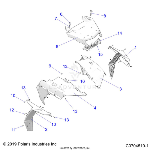 An Image of a Genuine Polaris Parts Schematic Diagram showing the schematic - BODY: HOOD AND FRONT BODY WORK - 2021 POLARIS RZR XP 4 TURBO