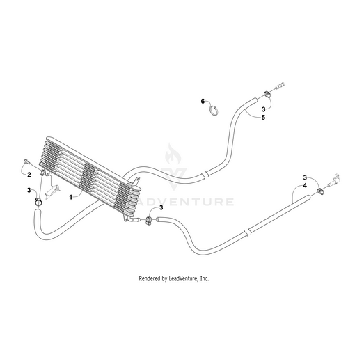 Line drawing of an automotive oil cooler assembly with labeled parts, featuring Arctic Cat’s Oil Hose-9.52 Id X 1702Mm Large Rb:0410-323, cooling coil, fittings, clamps, and connectors—schematic for OEM Arctic Cat UTV/ATV models.