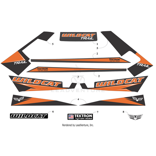 Refresh your Arctic Cat UTV with the Pillar Decal-Left (Trail) by Arctic Cat—an OEM graphic in black, orange, and white featuring WILDCAT, TRAIL, TEXTRON OFF ROAD text, and wing logos. Perfect accessory for a bold new look!.