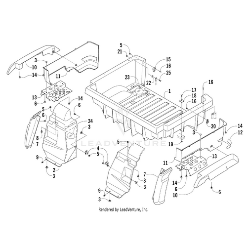 Exploded diagram showing labeled parts of a truck bed assembly—perfect for identifying UTV/ATV components or the Arctic Cat Rear Fender Upper - Right - Red-Assembly. Each part is clearly numbered for quick, easy reference.