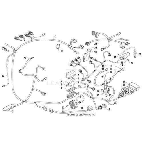 The ECU Efi-H1-Programmed (08 Prowler Xtx) by Arctic Cat features a detailed black-and-white wiring diagram with labeled electrical components, connectors, wires, and OEM part numbers—including the ECU—for easy reference.