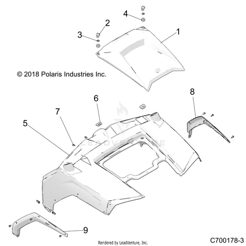 An Image of a Genuine Polaris Parts Schematic Diagram showing the schematic - BODY: HOOD AND FRONT BODY WORK - 2021 POLARIS RZR TRAIL