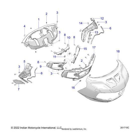 Exploded diagram of the Fairing Outer Spfdblu [Springfield Blue] by Polaris with numbered panels, brackets, and fasteners. Genuine Indian Motorcycle OEM parts. Copyright: Indian Motorcycle International, LLC.