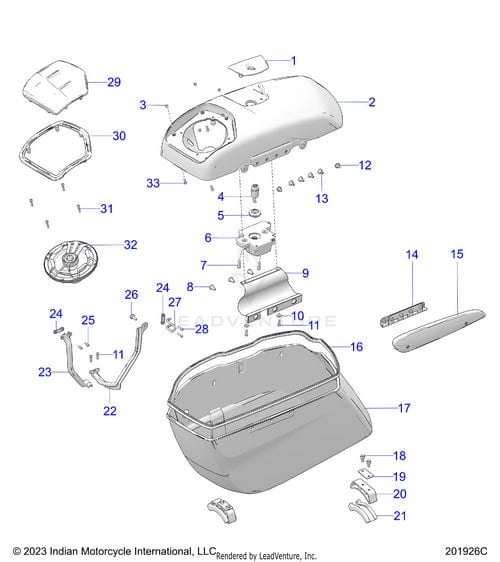 Exploded diagram of the Bin Saddlebag Flat RH Sfbl/Bc (Springfield Blue/Black Crystal W/ Gfx) by Polaris for Indian Motorcycle, showing numbered parts—shell, mounting hardware, latch, lock, lid, handle—for easy assembly.