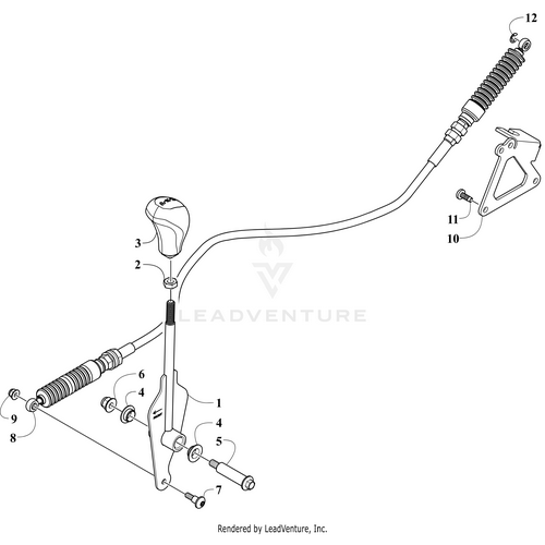 Diagram of a vehicle gear shifter assembly with labeled parts, including the Shift Cable Bracket by Arctic Cat, gear knob, rods, bushings, springs, bolts, and mounting brackets. Disassembled components are numbered for easy identification.