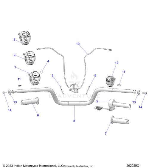 Exploded diagram of motorcycle handlebars and controls, with labeled parts like grips, switches, levers, cables, and the handlebar—ideal for finding Genuine OEM Parts such as the Cap Handlebar | [From 2/17/25] by Polaris.