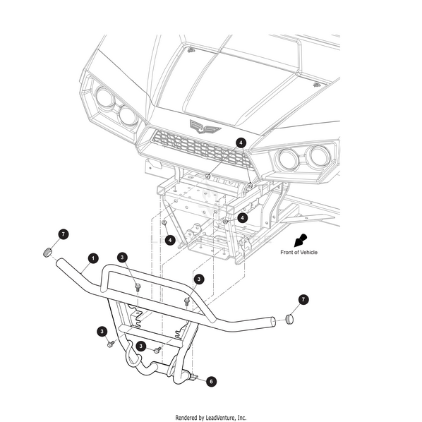 Line drawing of a vehicle front bumper assembly with labeled parts and bolts, featuring the Brushguard Crossover Bal Brz-Weld (For Havoc X Models Only) by Arctic Cat. The bumper is detached, with an arrow showing the vehicle’s direction.