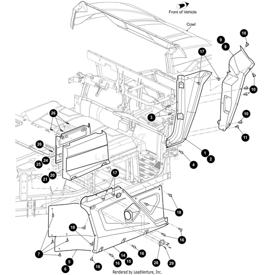 Exploded technical line drawing of the Door Extended Cab Right by Arctic Cat, with numbered OEM parts such as the cowl, hinges, fasteners, and panels. Arrows show part placement on the vehicle’s passenger side.