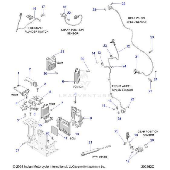 Exploded diagram of motorcycle electronic components, featuring the Polaris Sensor Wheel Speed Long, crank position sensor, gear position sensor, switches, wiring, and factory control modules—all labeled with numbers and part names.