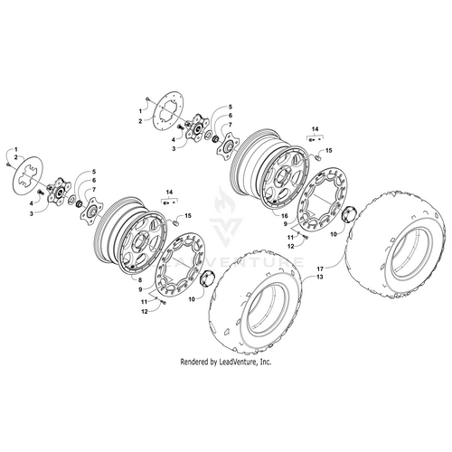 Exploded diagram of the Arctic Cat Wheel Rear-Beadlock (14X8), showing labeled rims, tires, bolts, and mounting hardware—perfect for identifying or assembling genuine Arctic Cat UTV wheel components.