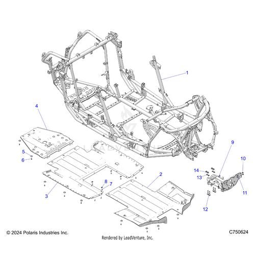 An Image of a Genuine Polaris Parts Schematic Diagram showing the schematic - CHASSIS: MAIN FRAME AND SKID PLATES - 2026 POLARIS RZR PRO XP 4 SPORT