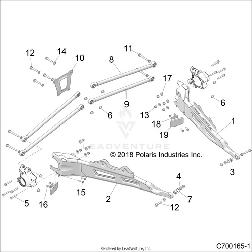 An Image of a Genuine Polaris Parts Schematic Diagram showing the schematic - SUSPENSION: REAR CONTROL ARMS - 2018 POLARIS RZR XP TURBO S