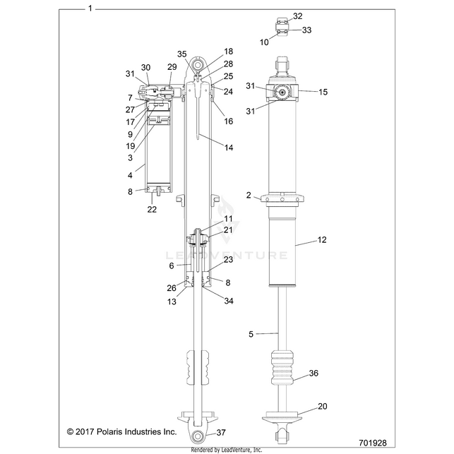 An Image of a Genuine Polaris Parts Schematic Diagram showing the schematic - SUSPENSION: REAR SHOCK - 2018 POLARIS RZR XP TURBO