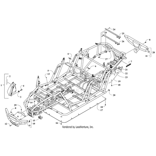 Line drawing of the Arctic Cat Frame W/Warning Decals (Wc 4X) (Inc. 6-7), showing the chassis, roll cage, seats, and attachment points labeled for assembly with bolts and mounting hardware.