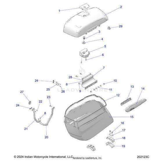Exploded diagram of the Lid Saddlebag RH Hvymtsmk | [Heavy Metal Smoke] by Polaris, displaying numbered parts such as base, mounting hardware, latches, and fasteners with arrows for easy identification.