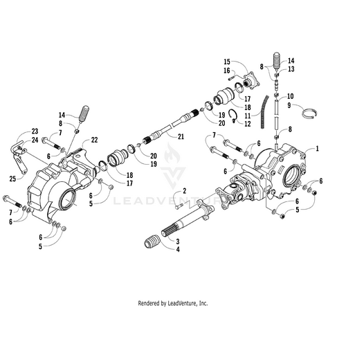 Exploded diagram of the Arctic Cat Front Gearcase (4.0-Plr Man Lock) assembly, with numbered parts like shafts, gears, springs, housing components, and OEM Arctic Cat parts such as 1502-407 shown in their relative positions.