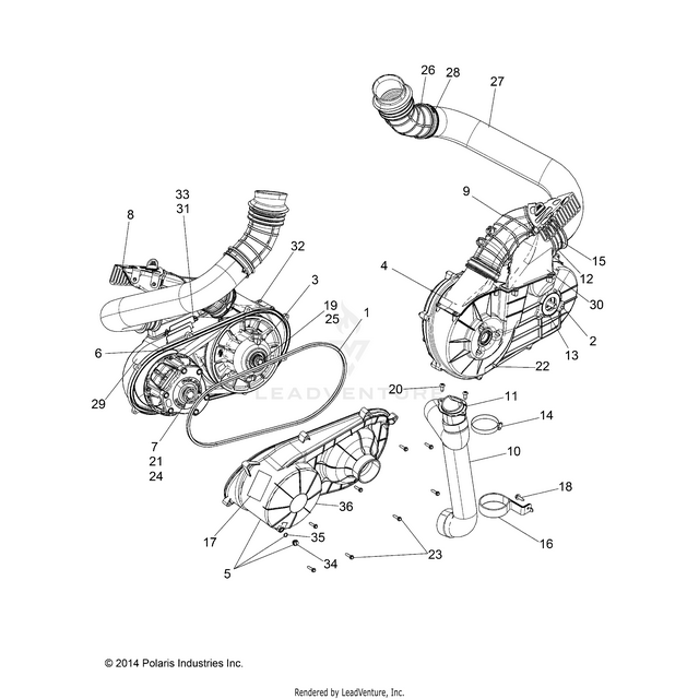 An Image of a Genuine Polaris Parts Schematic Diagram showing the schematic - DRIVE TRAIN: CLUTCH COVER AND DUCTING - 2015 POLARIS RZR XP 1000