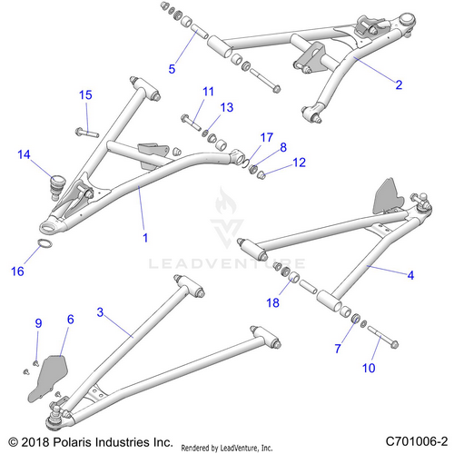 An Image of a Genuine Polaris Parts Schematic Diagram showing the schematic - SUSPENSION: FRONT CONTROL ARMS - 2021 POLARIS RZR XP 1000 TRAILS & ROCKS