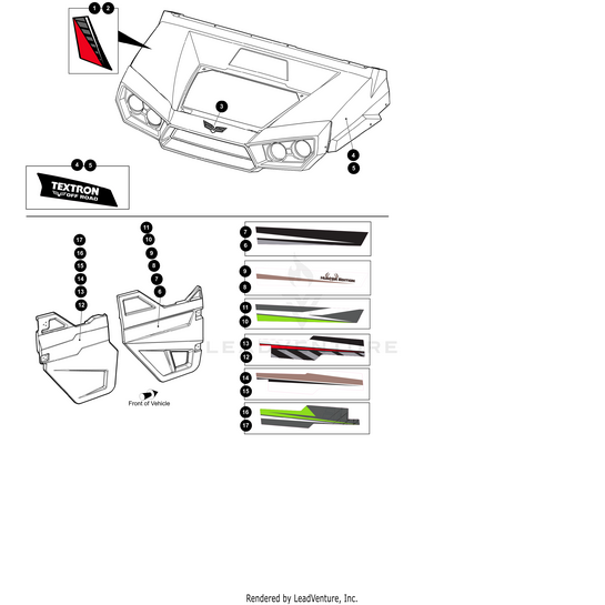 Diagram showing labeled parts and decal placements for the rear right vehicle door, featuring close-ups of the Arctic Cat Door Decal-Rear Right in black, red, and green, plus an inset of the Textron Off Road logo.
