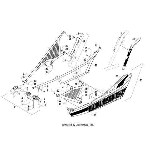 Exploded diagram of a vehicle’s side panel assembly with numbered parts, including Door Decal Upper Right-Tag by Arctic Cat, frame, mesh inserts, fasteners, and connection points for OEM Arctic Cat UTV accessories.