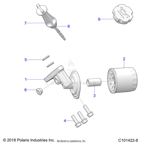 An Image of a Genuine Polaris Parts Schematic Diagram showing the schematic - ENGINE: OIL FILTER AND DIPSTICK - 2022 POLARIS RZR TRAIL 570