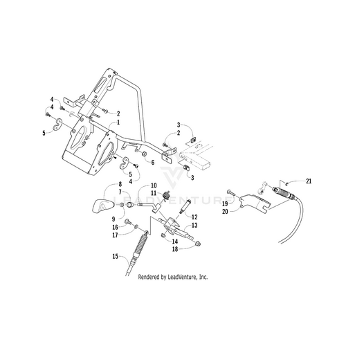 Exploded view diagram of a handlebar assembly with numbered parts, including throttle cable, grips, Shift Cable Bracket Engine Mount-Black by Arctic Cat, levers, bolts, and spring—each clearly labeled for easy identification and OEM reference.