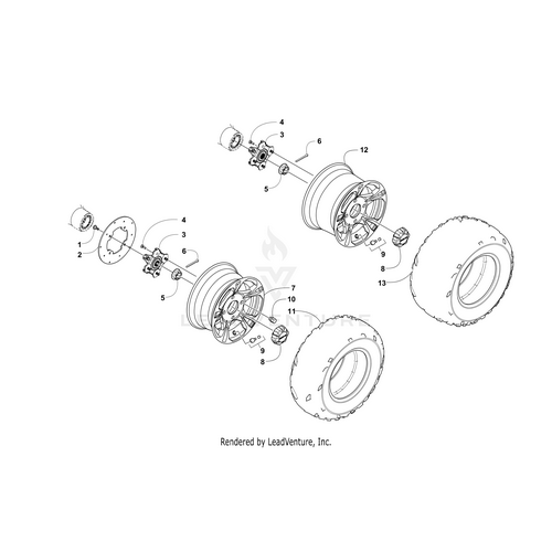 Exploded diagram of an Arctic Cat UTV wheel assembly, with parts such as the Aluminum Front Wheel (12X6.0) (Inc. 8) by Arctic Cat, tires, lug nuts, washers, bolts, and hubs—all labeled with numbers for OEM part identification.