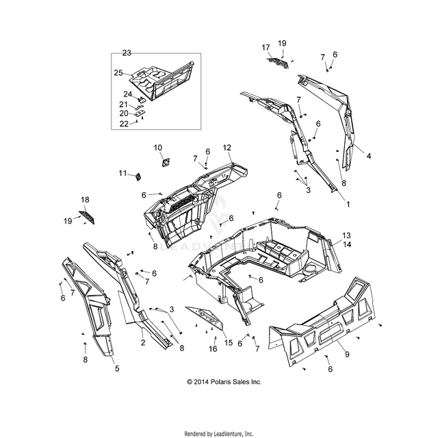 An Image of a Genuine Polaris Parts Schematic Diagram showing the schematic - BODY: REAR RACK AND FENDERS - 2019 POLARIS RZR S 1000 EPS